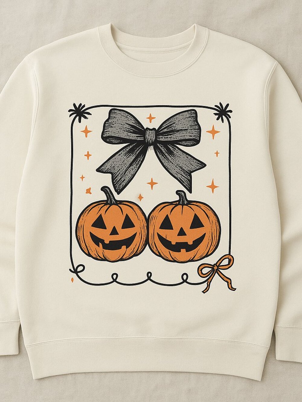 Halloween Pumpkin Bow Crewneck Sweatshirt, Cute Jack-O’-Lantern Fall Pullover